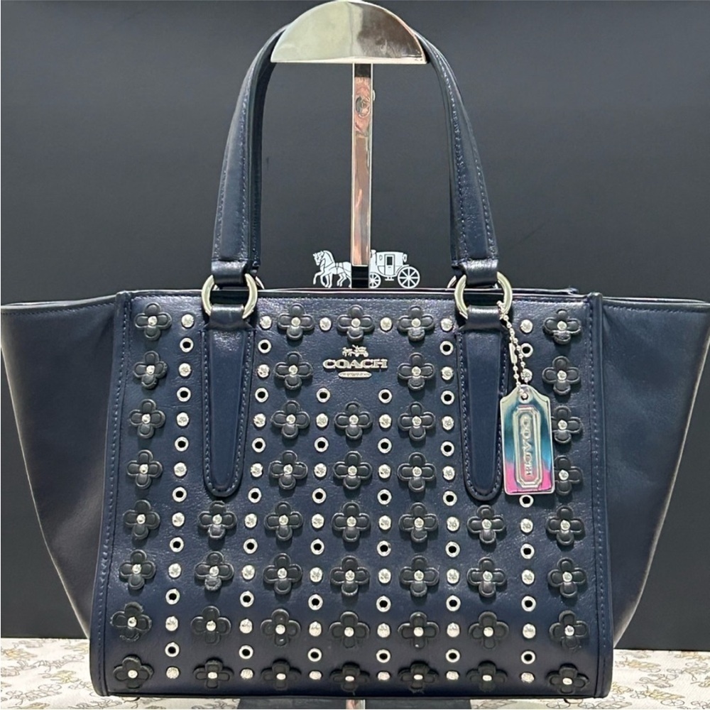 COACH Crosby Mini Flower Appliqués/Rivets/Grommets Calf Leather in Navy Blue - Picture 2 of 13